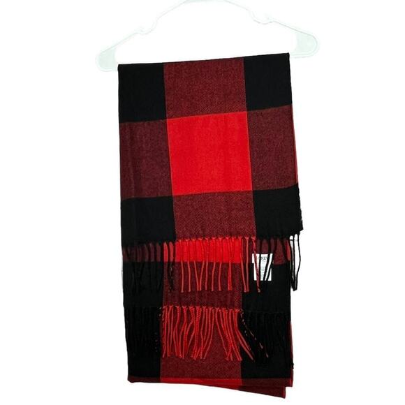 J. Crew Black & Red Plaid Buffalo Check Holiday Winter Fringe Cozy Warm Scarf - Picture 1 of 12